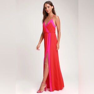 Lulus Bright Side Coral Red Color Block Maxi Dress